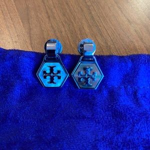 Tory Burch Logo Dangler Earrings in Silver Tone